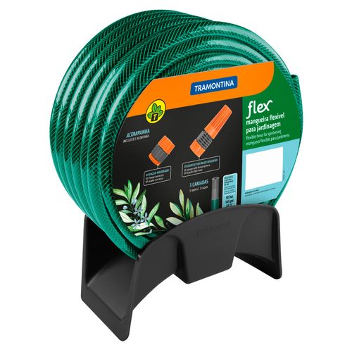 Mangueira Flex Tramontina Verde em PVC 3 Camadas 20 m com Engate Rosqueado, Esguicho e Suporte Mural