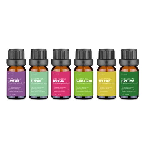 KIT Com 6 Óleos Essenciais Lavanda Alecrim Gerânio Capim Limão Tea Tree e Eucalipto Multi Saúde - HC165