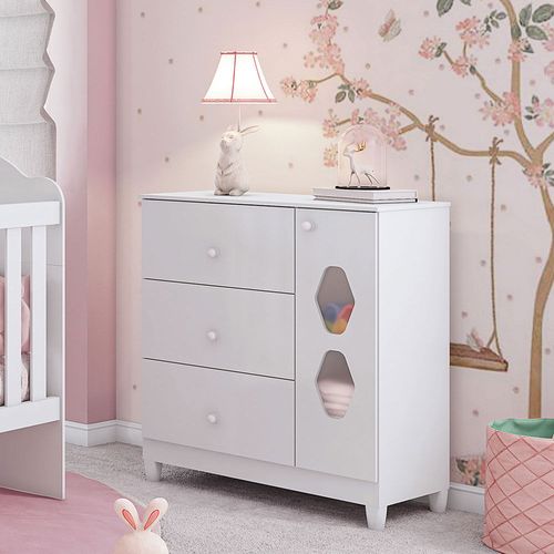 Cômoda Infantil Lolly Branco 1 Porta 4 Gavetas Móveis Estrela