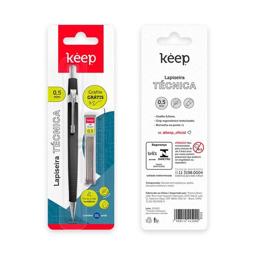 Lapiseira Técnica 0,5mm Preta + 1 Tubo de Grafite Blister Keep - EI111