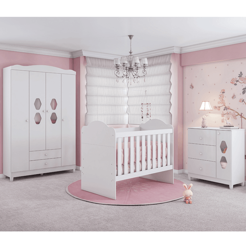 Quarto Infantil Berço Yupi, Cômoda e Guarda Roupa Lolly 4 Portas