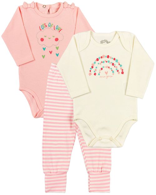 Kit Body e Calça Culote Bebê Menina Suedine Piquet e Cotton Listrado Flores - Rosa