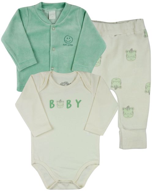 Conjunto Plush Bebe Menino Menina Casaco Body e Culote Estampa Zebrinhas - Verde