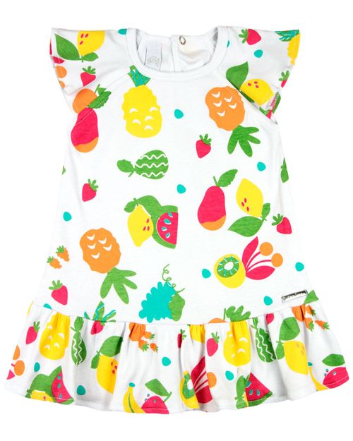 Vestido Bebê Menina Infantil Verão 10M a 3 Anos Manga Cavada Suedine Estampado Frutas - Branco