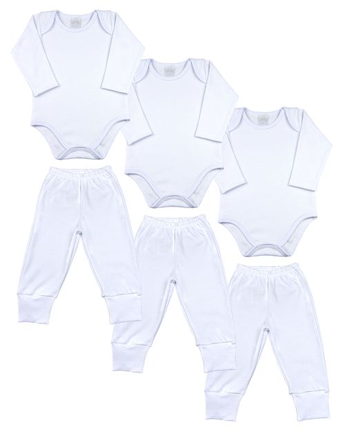 Kit Bebê 6 peças - 3 Bodies e 3 Calças de Suedine - Branco