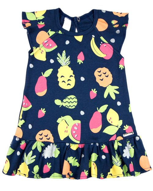 Vestido Bebê Menina Infantil Verão 10M a 3 Anos Manga Cavada Suedine Estampado Frutas - Marinho