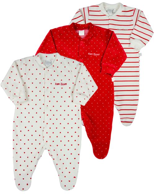 Macacão Bebê Menina Plush Estampado e Listrado Kit Macacão Plush Menina 3 Peças - Vermelho