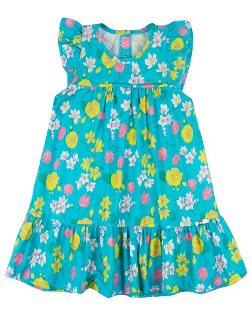 Vestido Infantil Verão Manga Cavada Microfibra Estampa Digital Floral - Turquesa