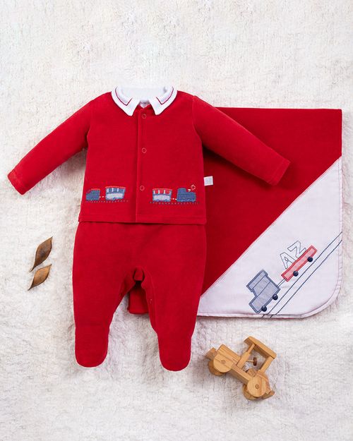 Saída Maternidade Menino Plush Trenzinho AZ - Vermelho