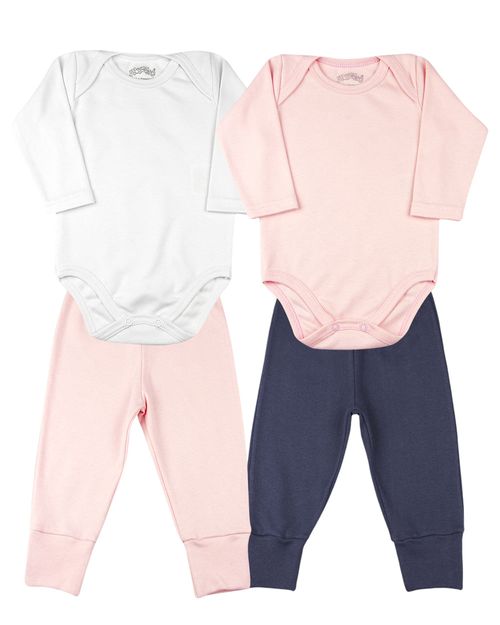 Kit Bebê 4 Peças - 2 Body ML e 2 Calças PR Cores - Rosa