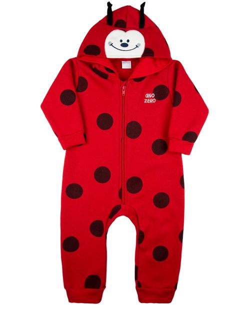 Macacao Bebe Touca Moletom Flanelado Estampado Joaninha - Vermelho