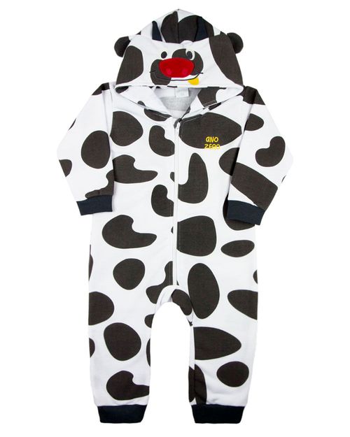 Macacao Bebe Touca Moletinho Flanelado Estampado Vaquinha - Branco