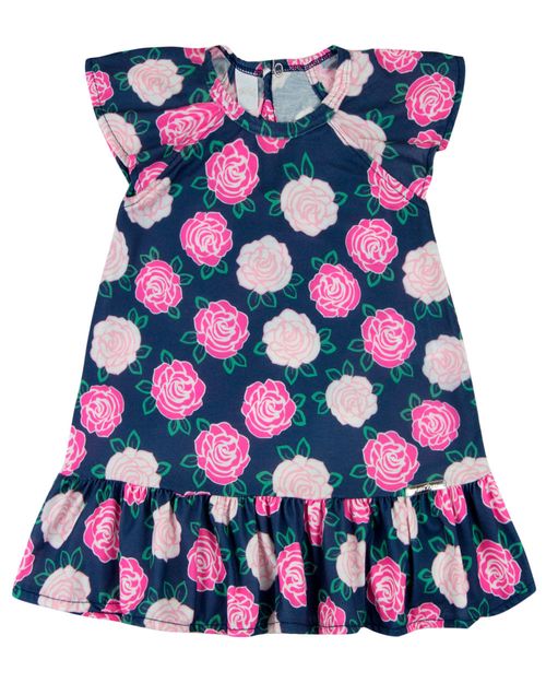 Vestido Infantil Verão Manga Cavada Microfibra Estampa Digital Rosas - Marinho