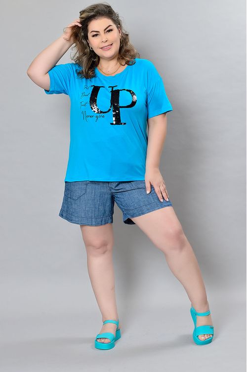 Blusa T-Shirt Azul Estampa Paetê Plus Size Naiara