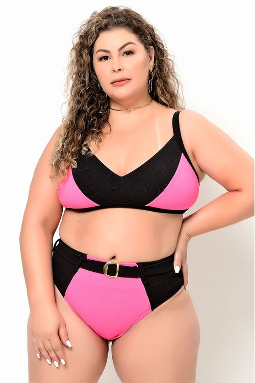 Biquíni Preto Maquinetado Color Block Plus Size