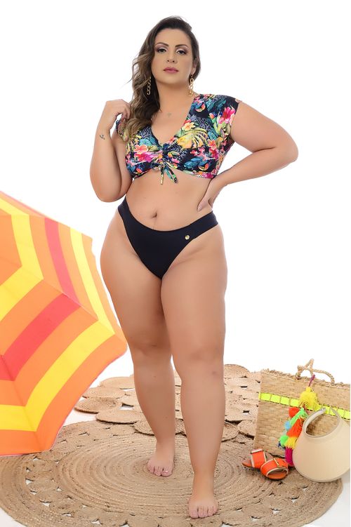 BIQUÍNI COM BOJO SEM ARO TROPICAL PRETO PLUS SIZE