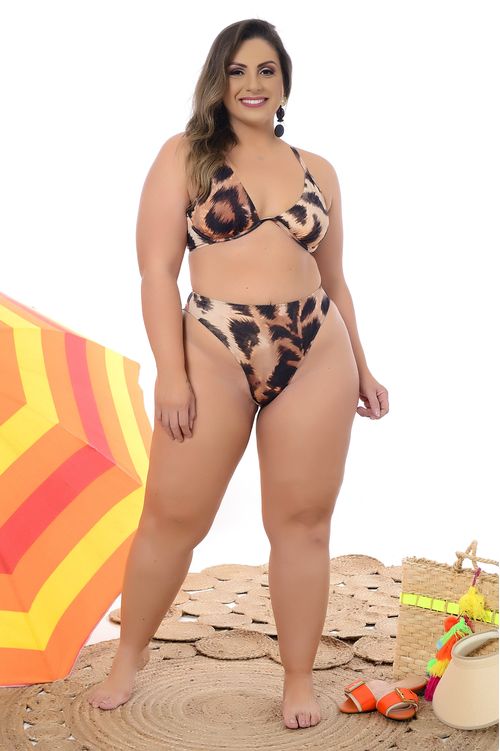 BIQUÍNI SEM BOJO COM ARO HOT PANTS ANIMAL PRINT MARROM PLUS SIZE