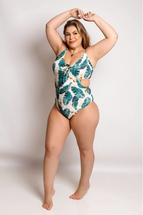 Maiô com Bojo Cut Out Folhagens Plus Size