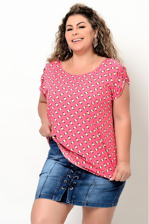 Blusa Rosa em Viscose Manga Tulipa Plus Size