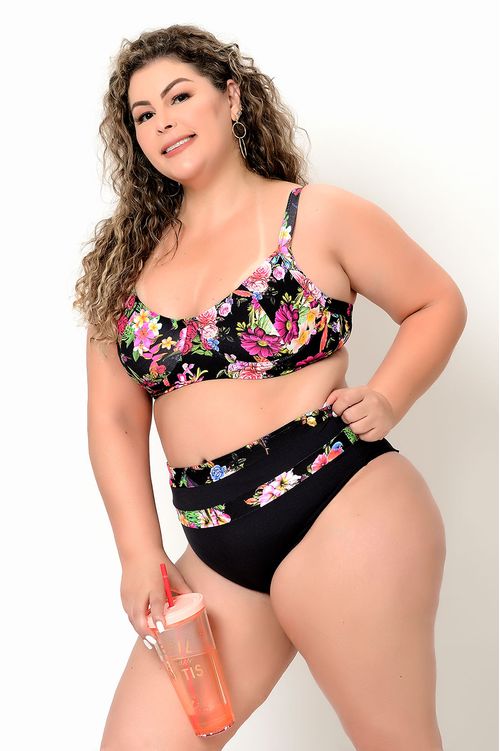 Biquíni Preto Floral com Aro Hot Pants Plus Size