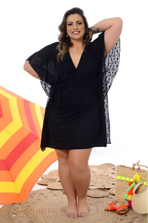 Saída de Praia Kaftan Preta Plus Size