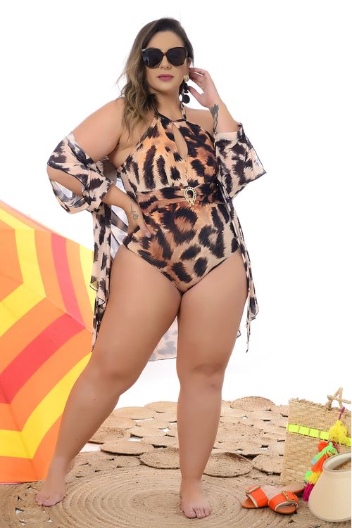 MAIÔ SEM BOJO SEM ARO ANIMAL PRINT MARROM PLUS SIZE