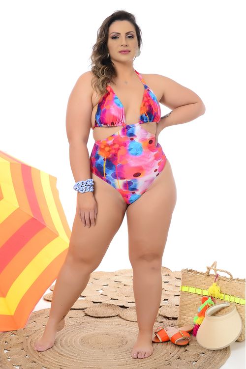 Maiô Sem Bojo Engana Mamãe Aquarela Rosa Plus Size