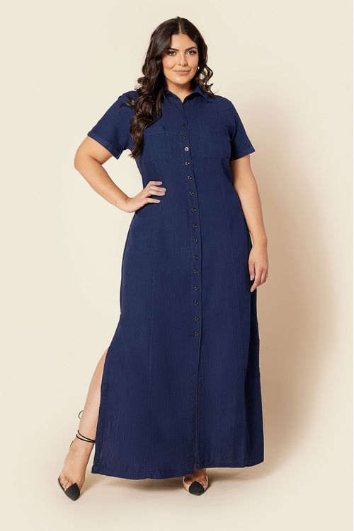 VESTIDO CHEMISE LONGO  JEANS MANGA CURTA PLUS SIZE