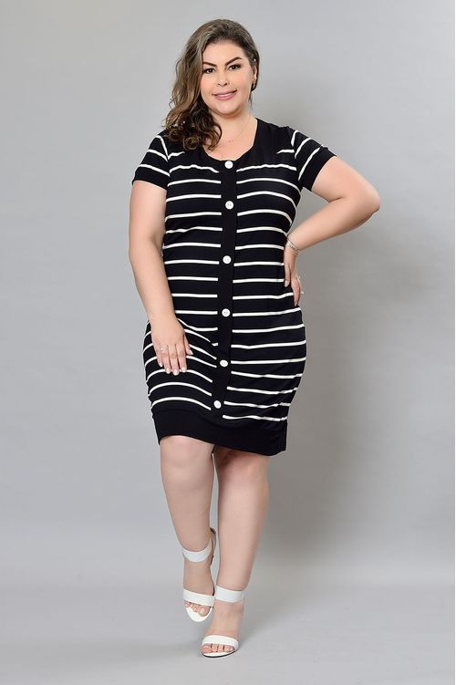 Vestido Preto Listrado em Viscose Plus Size