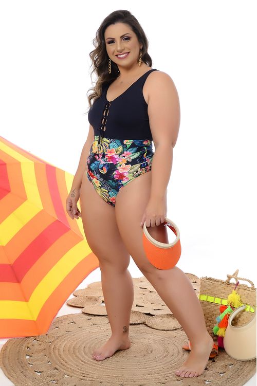 Maiô Body Preto Tropical Sem Bojo Plus Size