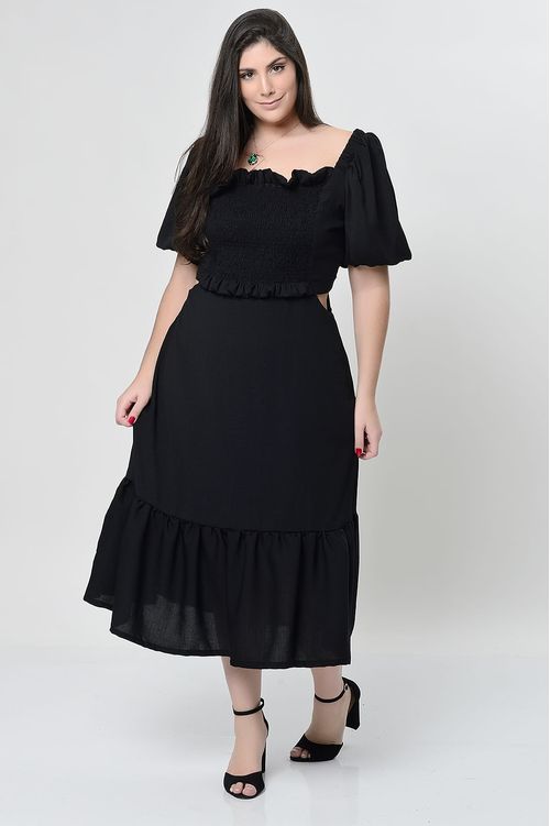 Vestido Longo Ciganinha Preto com Lastex Plus Size