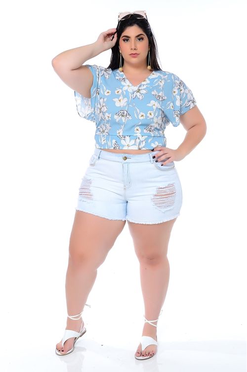 Cropped Azul Floral Decote V Plus Size