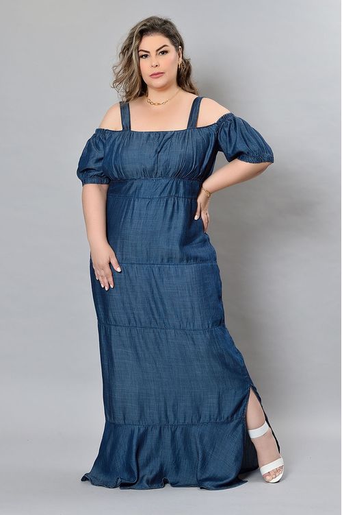 Vestido Longo Ciganinha Jeans Plus Size