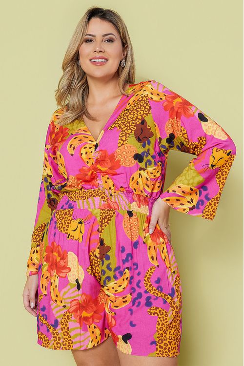 Macaquinho Rosa Tropical em Viscose Plus Size