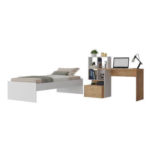 Conjunto Quarto Cama de Solteiro com Escrivaninha Multimóveis MP4124 Branco/Rustic