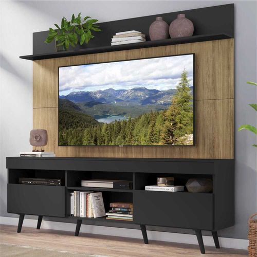 Rack com Painel e Suporte TV 65" Madri Multimóveis MP3374.580 Preto/Rustic com Prateleira e Pés Retrô Preto