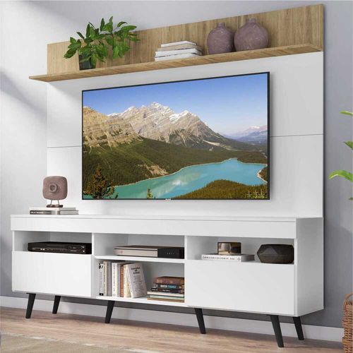 Rack com Painel e Suporte TV 65" Madri Multimóveis MP3374.571 Branco/Rustic com Prateleira e Pés Retrô Preto