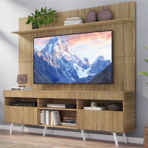 Rack com Painel e Suporte TV 65" Madri Multimóveis Rustic com Prateleira e Pés Retrô Branco