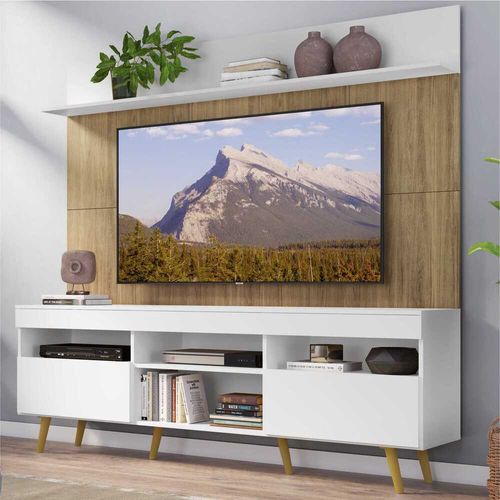 Rack com Painel e Suporte TV 65" Madri Multimóveis MP3374.584 Branco/Rustic com Prateleira e Pés Retrô Natural