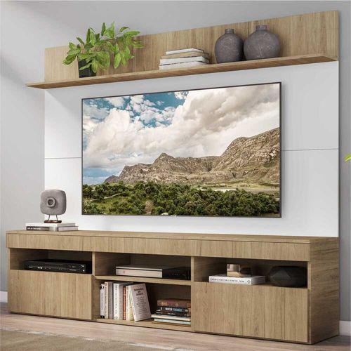 Rack com Painel TV 65" Madri Multimóveis com Suporte e Prateleira Rustic/Branco