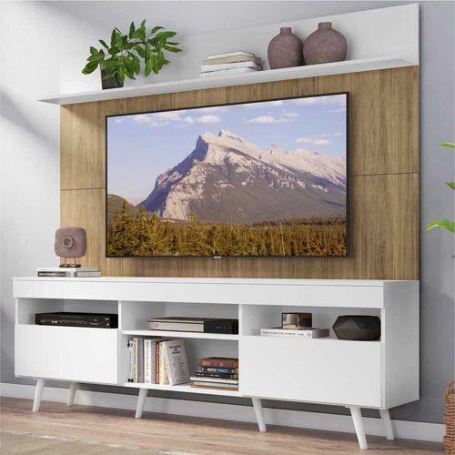 Rack com Painel e Suporte TV 65" Madri Multimóveis MP3374.582 Branco/Rustic com Prateleira e Pés Retrô Branco