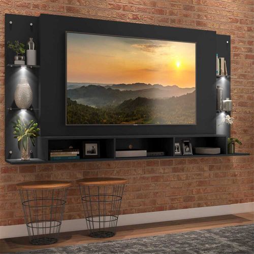 Painel TV 65" com 4 Leds e Prateleiras de Vidro Vegas Premium Multimóveis Preto