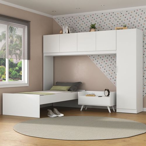 Cama de Solteiro com Guarda Roupa e Mesa de Cabeceira Retrô Dublin Multimóveis MP4033 Branca