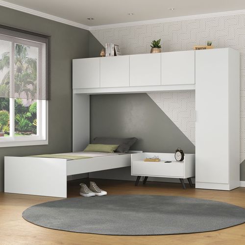 Cama de Solteiro com Guarda Roupa e Mesa de Cabeceira Retrô Dublin Multimóveis MP4033 Branca/Preta