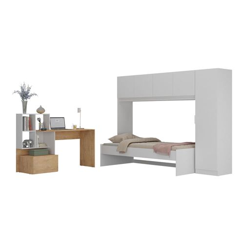 Conjunto Quarto Cama de Solteiro com Guarda-Roupas e Escrivaninha Multimóveis MP4123 Branco/Rustic