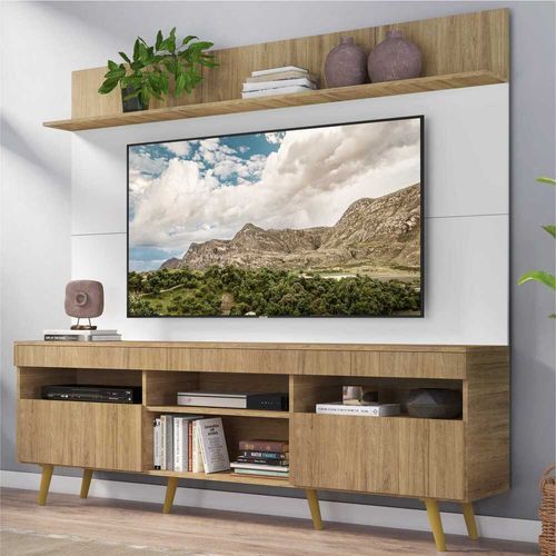 Rack com Painel e Suporte TV 65" Madri Multimóveis Rustic/Branco com Prateleira e Pés Retrô Natural