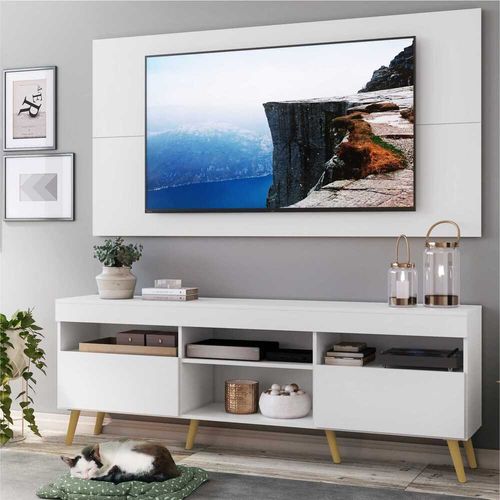 Rack com Painel e Suporte TV 65" Londres Multimóveis Pés Retrô e 2 portas Branco/Natural