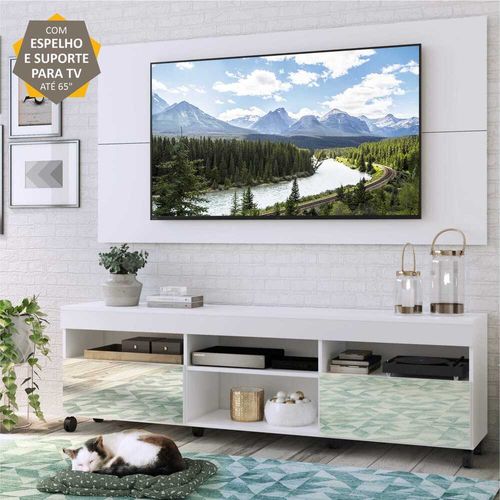 Rack com Espelho, Rodízios, Painel e Suporte TV 65" com 2 Portas Londres Multimóveis Branco