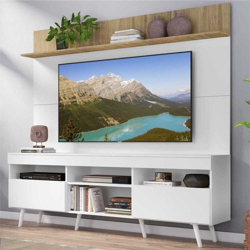 Rack com Painel e Suporte TV 65" Madri Multimóveis MP3374.568 Branco/Rustic com Prateleira e Pés Retrô Branco