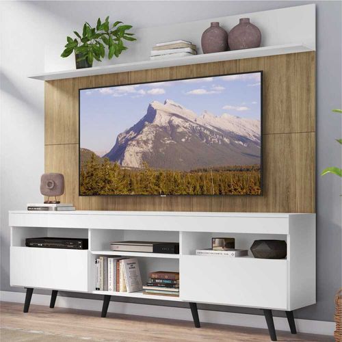 Rack com Painel e Suporte TV 65" Madri Multimóveis MP3374.583 Branco/Rustic com Prateleira e Pés Retrô Preto